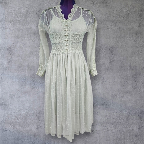 Mint Green Swiss Polka‎ Dot Sheer Victorian Dress Size Medium Women's R14 - Picture 1 of 7